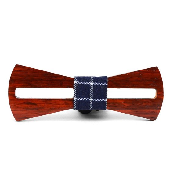Men's Wooden Bow Tie, Brown Plaid Fabric Center - Picture 1 of 5